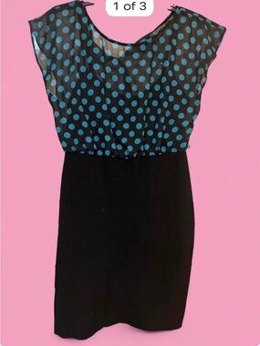 Alyx Black Midi Dress with Blue Polka Dot Mesh Top